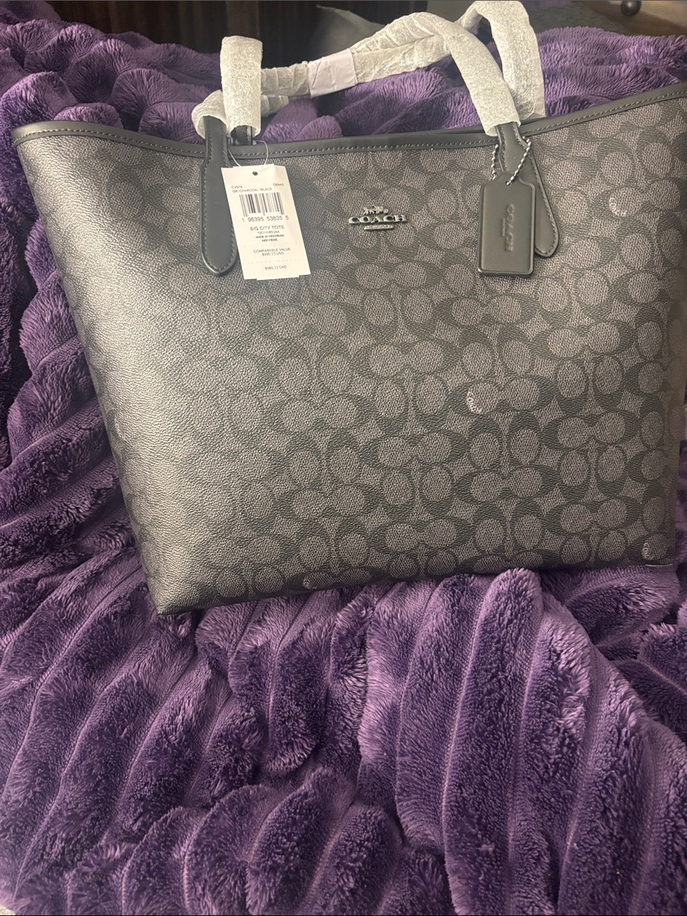 Brand new Coach Black Signature City Tote Bag with Dark Gray Monogram .